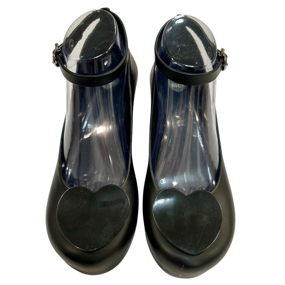 NWOB Mel by Melissa Black Jelly Heart Wedge Mary Jane Pump Shoes Womens 9